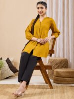 Mustard Linen Cotton Ethnic Motifs Printed Straight Short Kurti - Image 2