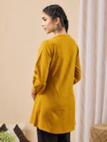 Mustard Linen Cotton Ethnic Motifs Printed Straight Short Kurti - Image 3