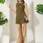 Olive Green Linen Cotton Foil Ethnic Motifs Print A-Line Short Kurti