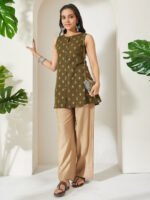 Olive Green Linen Cotton Foil Ethnic Motifs Print A-Line Short Kurti