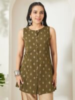 Olive Green Linen Cotton Foil Ethnic Motifs Print A-Line Short Kurti - Image 2